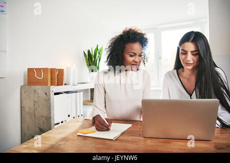 Zwei erfolgreiche Unternehmerinnen läuft eine Ebusiness sitzen zusammen an einem Laptopcomputer, ein Treffen und Schreiben von Notizen mit Textfreiraum Stockfoto