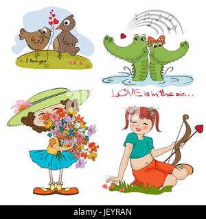 Vogel, Blume, Pflanze, Sammlung, Satz, Glück, Amor, Cartoon, Vektor, Liebe, Stock Vektor