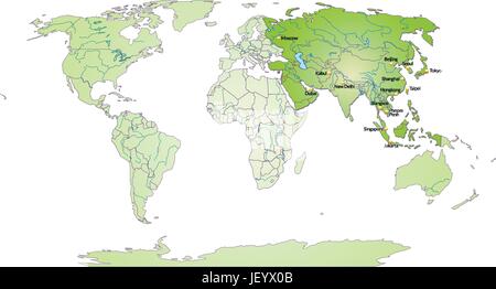 Karte von Asien mit Kapitellen in grün Stock Vektor