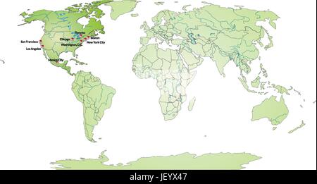 Karte von Nordamerika mit Kapitellen in grün Stock Vektor