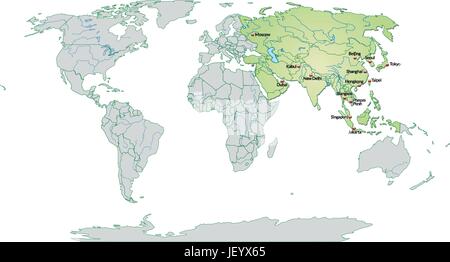 Karte von Asien mit Kapitellen in Pastellgrün Stock Vektor