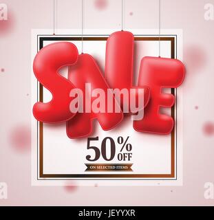 Verkauf Luftballons rot 3D-Text in weißen quadratischen Hintergrund Vektor-Banner-Design für marketing-Aktionen laden hängen. Vektor-Illustration. Stock Vektor