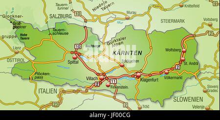 Karte von Kärnten mit Verkehrsnetz Stock Vektor
