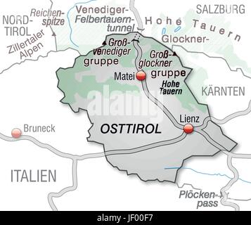 Karte von Osttirol mit Verkehrsnetz in grau Stock Vektor