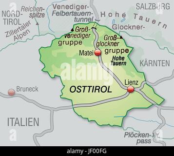 Karte von Osttirol mit Verkehrsnetz in Pastellgrün Stock Vektor