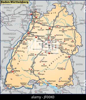 Karte von Baden-Württemberg mit Verkehrsnetz in Pastell orange Stock Vektor