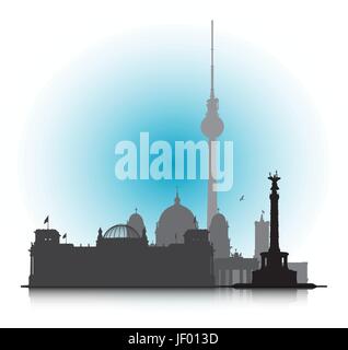 Tourismus, Sightseeing, Berlin, Hauptstadt, Skyline, Silhouette, Emblem, blau, Stock Vektor