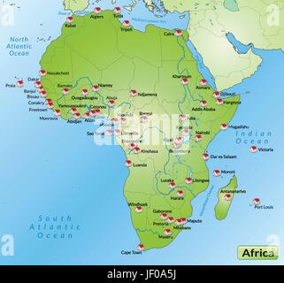 Afrika, Hauptstadt, Grenze, Karte, Synopse, Grenzen, Hauptstädte, Atlas, Karte von der Stock Vektor