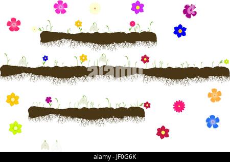 Vektor mit Boden mit Wurzeln, wachsende Gras mit Blumen - Schneeglöckchen, Nelken, Vergissmeinnicht, Gerbera, Astern Stock Vektor