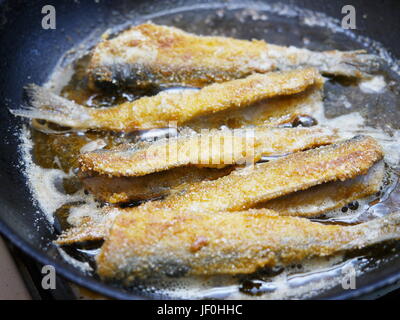 geschnittenen Fisch Heringe in einer Pfanne braten Stockfoto