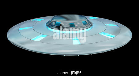 Metall und Silber Vintage UFO isoliert auf schwarzem Hintergrund 3D-Rendering Stockfoto