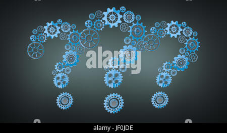 3D-Rendering Getriebe Symbole Fragezeichen fliegen auf dunklem Hintergrund Stockfoto