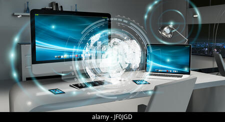 Büro mit modernen Geräten und digitalen Daten auf das Hologramm Bildschirme 3D rendering Stockfoto