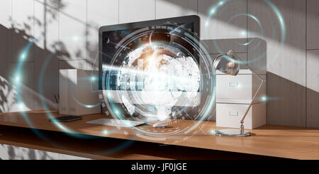Büro mit modernen Geräten und digitalen Daten auf das Hologramm Bildschirme 3D rendering Stockfoto