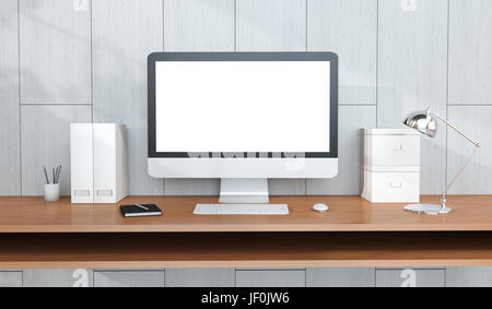 Moderne hölzerne Arbeitsplatz Innenraum mit Computer und Geräte im Schreibtisch 3D-Rendering Stockfoto