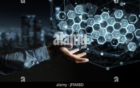 Geschäftsmann auf unscharfen Hintergrund eine handgezeichnete Antiviren-System Stockfoto