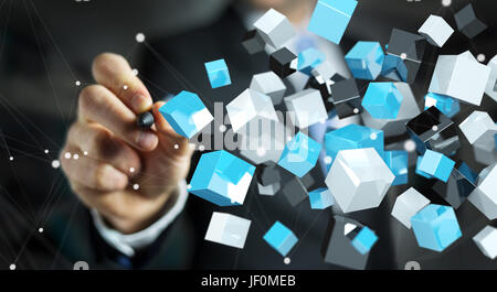 Geschäftsmann auf unscharfen Hintergrund halten, schwimmende blau glänzend Cube 3D Rendern im Netzwerk Stockfoto