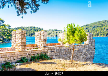 Die Kirche und das Benediktinerkloster auf der Insel der Heiligen Maria, umgeben vom See Veliko jezero auf Mljet, Kroatien Stockfoto