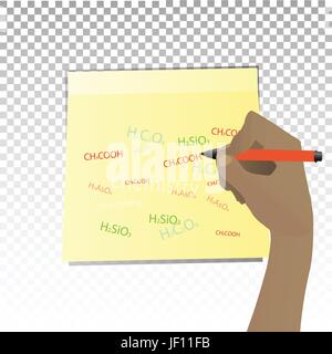 Chemie. Konzept der Entdeckung. Die Hand ist eine Markierung auf dem Aufkleber schreiben. Illustration für Ihr Design. Stock Vektor