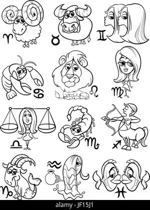 Sternzeichen, Horoskop, Cartoon, Illustration, Zwillinge, Stier, Löwe, Katze, Raubkatze, Stock Vektor