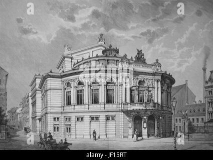 Historische Abbildung des Raimund Theaters, eines Theaters in Mariahilf Bezirk von Wien, Österreich, verbesserte digitale Reproduktion aus einer Originalgraphik von 1888 Stockfoto