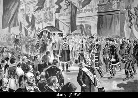 Historische Darstellung Kossuths Trauerzug in Budapest. Lajos Kossuth de Udvard et Kossuthfalva, Louis Kossuth, 1802-1894, ungarischer Rechtsanwalt, Journalist, Politiker, Staatsmann und Gouverneur-Präsident des ungarischen Königreich während der Revolution von 1848-1849, Digital verbessert Reproduktion aus einer Originalgraphik von 1888 Stockfoto