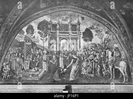 Historisches Bild von der Disputation der Heiligen Catharina, die Heilige Katharina von Alexandria oder Heilige Katharina von Alexandria, auch bekannt als die Heilige Katharina von Rad und The Great Märtyrer Saint Catherine, infront von Westroman Kaiser Petronius Maximus, Malerei im Haus von Borgia, Rom, Italien, verbesserte digitale Reproduktion aus einer Originalgraphik von 1890 Stockfoto