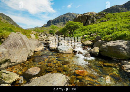 Afon Nant Peris, der Fluss, der durch die robuste und malerischen Llanberis Pass in Snowdonia, Gwynedd, Nordwales. Stockfoto