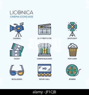 Kino - set moderne Vektor flache Linie Design-Ikonen. Kamera, Klappe, Scheinwerfer, Ticket, Gebäude, Popcorn, 3d Brille, Movie Hall, Spule. Film-y Stock Vektor