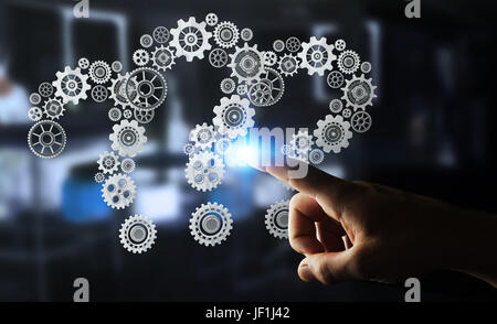 Geschäftsmann auf unscharfen Hintergrund berühren Fragezeichen Getriebe 3D-Rendering Stockfoto