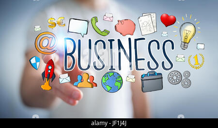 Geschäftsmann auf unscharfen Hintergrund mit handgezeichneten Business-Präsentation Stockfoto