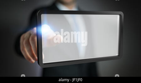 Geschäftsmann auf unscharfen Hintergrund mit digitalen Bildschirmen Tablet 3D-Rendering Stockfoto