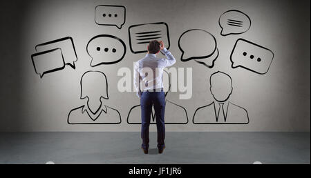 Geschäftsmann in modernen Innenraum ansehen Diskussion Ikonen Skizze auf eine Wand 3D-Rendering Stockfoto