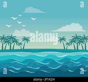 bunte Poster Himmel Landschaft von Palmen am Strand Stock Vektor