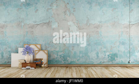 Leere blaue Grunge Zimmer mit alten Objekten auf Holzboden - 3d rendering Stockfoto