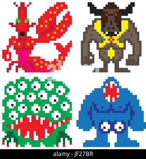 Kunst, Riese, Bit, acht, Monster, Retro, Pixel, blau, Kunst, Farbe, grün, Zähne, Stock Vektor