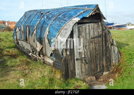 alten verwitterten Holzboot Hütte auf Lindisfarne island Stockfoto