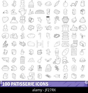 100 Konditorei Icons Set, Umriss-Stil Stock Vektor