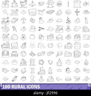 100 ländliche Icons Set, Umriss-Stil Stock Vektor