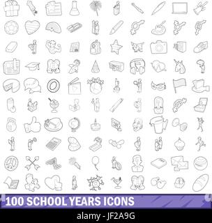100 Jahre Schule Symbole gesetzt, Umriss-Stil Stock Vektor