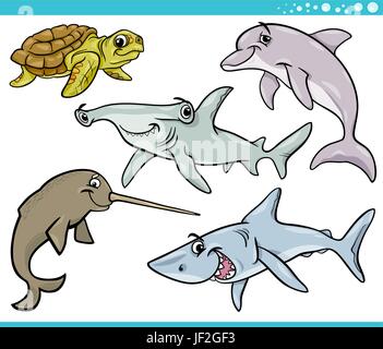 Tiere, Delphin, Illustration, Hai, Cartoon, Salzwasser, Meer, Ozean, Wasser, Stock Vektor