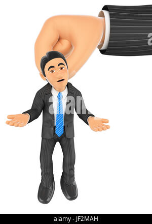 3D-Abbildung für Geschäftsleute. Geschäftsmann hängt an einer riesigen Hand. Isolierter weißer Hintergrund. Stockfoto