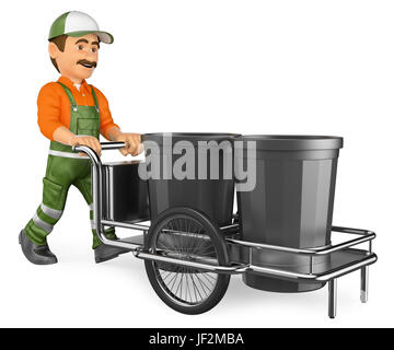 arbeitenden Menschen 3D-Illustration. Kehrmaschinen arbeiten mit seiner Müll-Wagen. Isolierten weißen Hintergrund. Stockfoto