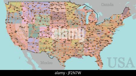 Hoch detaillierte genaue USA Vektorkarte, amerikanischen Straße, Autobahn Karte mit Etikettierung und bunte Staat Bereiche und Grenzen. Geographische, traditionell, Geschäftstelle Stock Vektor