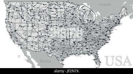 Vektor hoch präzise genaue Vereinigte Staaten von Amerika amerikanische Straße Autobahn Detailkarte mit Stadt bezeichnen. Geografischen grauen Halbton administrative ma Stock Vektor