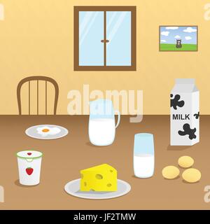 Illustration, Milch, Küche, Küche, Käse, Eiern, Haus, Gebäude, Glas, Stock Vektor