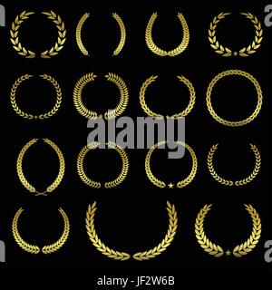 Golden, dekorativ, Satz, Royal, Pack, Emblem, Blätter, Eleganz, Vintage, Stock Vektor
