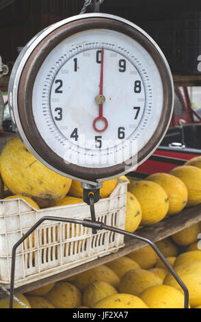 Verkauf von Melonen auf dem Markt Stockfoto