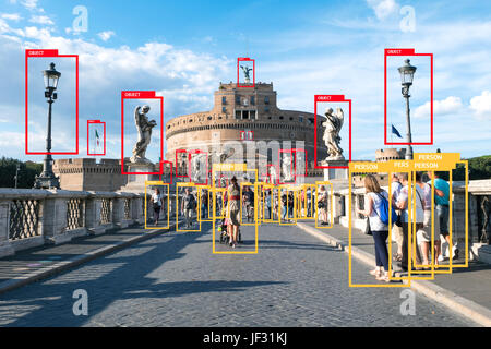 Machine Learning Analytics identifizieren Sie Mensch und Objekt Technologie, künstliche Intelligenz-Konzept. Software Ui Analytics und Anerkennung Menschen in ci Stockfoto