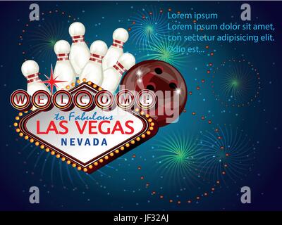 3D Bowling-Kugel mit Kegeln die Pins mit Schild Willkommen to Fabulous Las Vegas von bowling-Party. Bowling-Spiel. Herzlich Willkommen Sie in der fabelhaften Las Vegas Nevad Stock Vektor